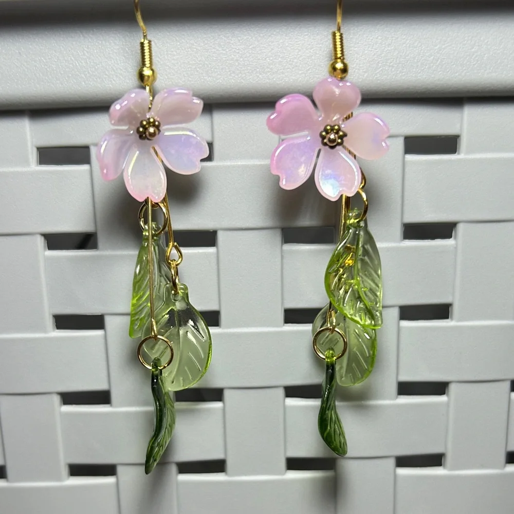 3/$25 Floral Drop Earrings with Pink and Green Accents - Picture 4 of 4